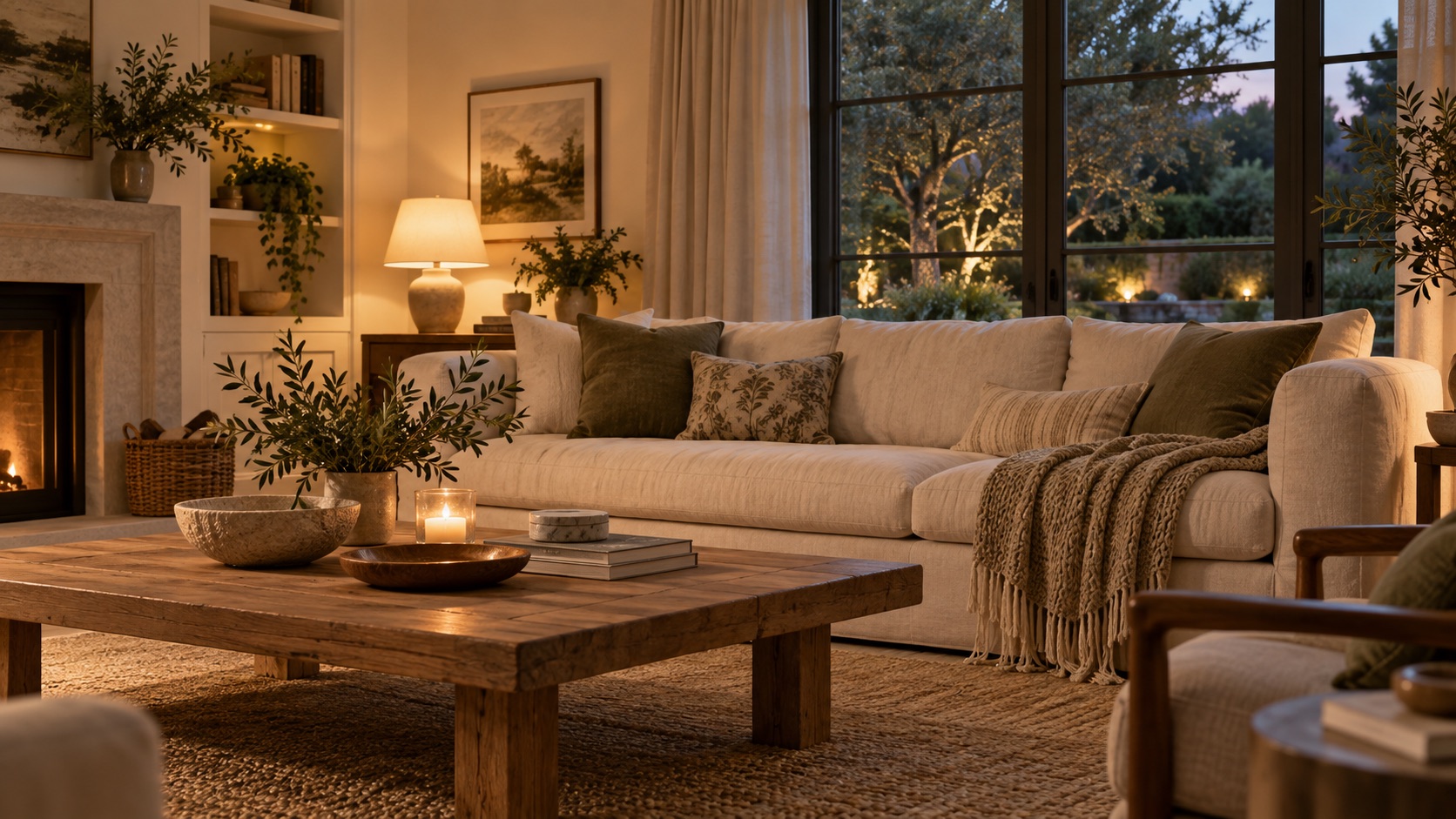 Cozy living room with warm lamplight and a garden view
