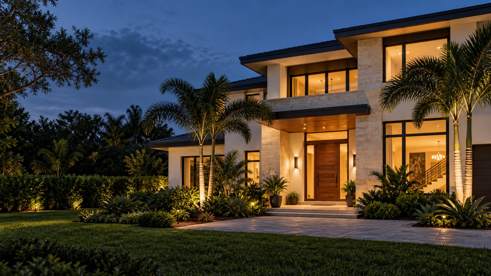 Contemporary home at dusk with warm interior lighting and palm landscaping